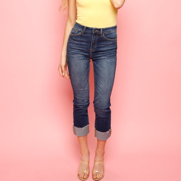 High Waist Dark Denim Cuffed Jeans - Picture 3 of 4